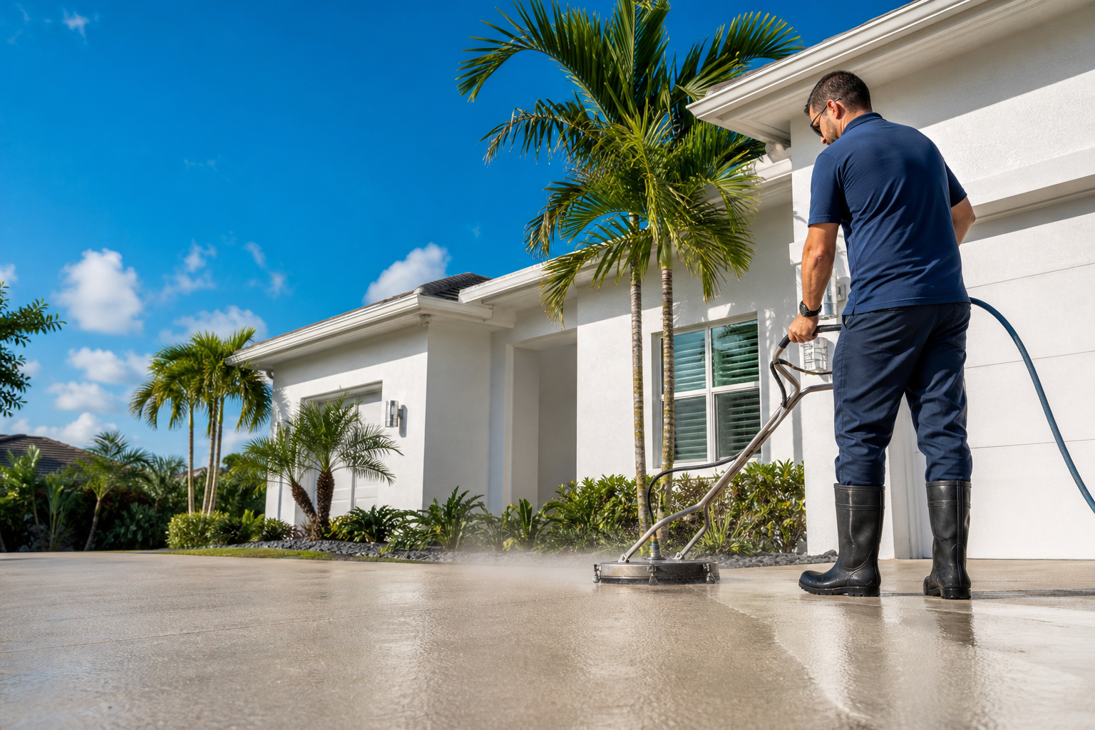 BlueRise technician surface-cleaning a Florida driveway beside a white home and palm trees